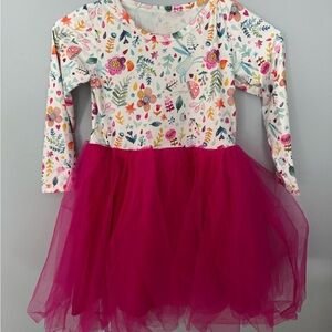 Floral Long Sleeve Dress with Pink Tulle Skirt